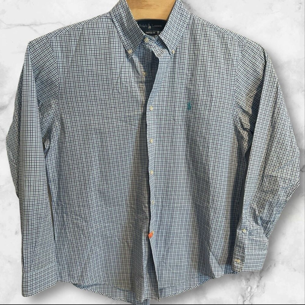 Ralph Lauren Mens Blue Plaid Custom Fit Long Sleeve Button‎ Down Shirt LARGE